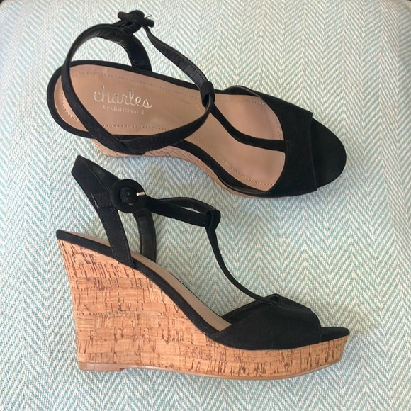 Charles By Charles David Black Wedge Sandals with Ankle Strap - Picture 1 of 15